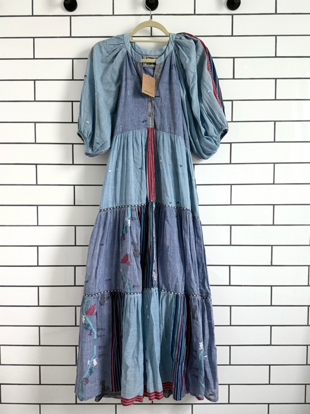 NWT Conditions Apply Hand Woven Patchwork Maxi Dress with Balloon Sleeves